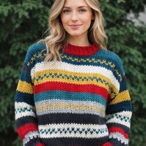 Women’s Chunky Knit Fair Isle Cottagecore Sweater Bold Colors New Size Medium